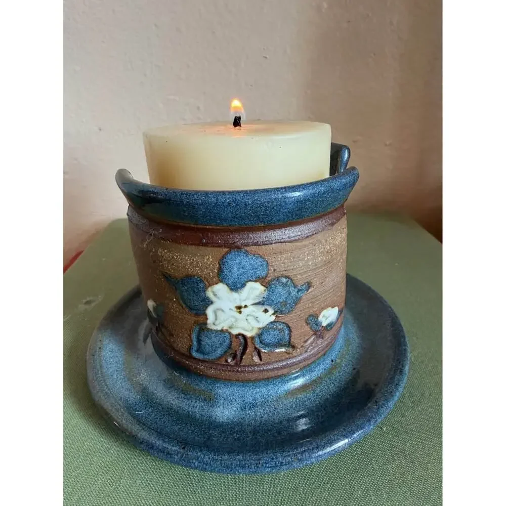 Signed Studio Pottery Floral Candle Holder – Handcrafted Blue & Brown Stoneware